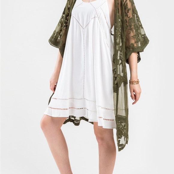 Sheer scalloped lace Olive Green Kimono or swim suit cover up - Picture 2 of 10